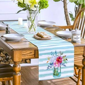 Farmhouse Teal Stripes Ball Mason Jar Fresh Flower Arrangement 72" Table Runner